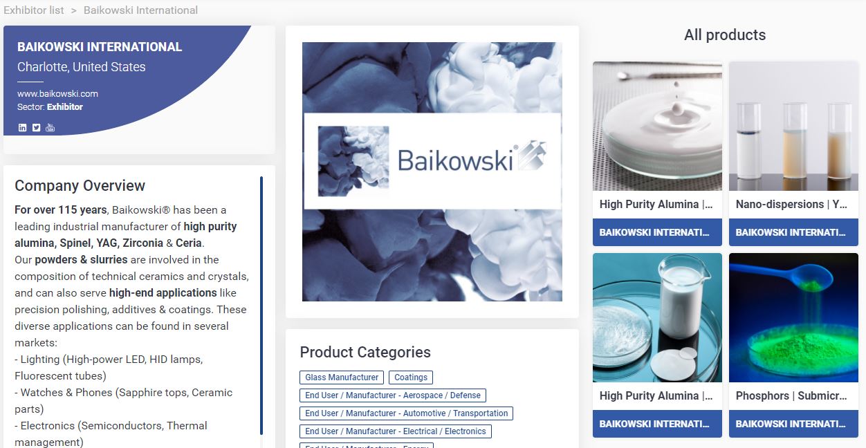 Baikowski online profile at ceramics expo connect 2020